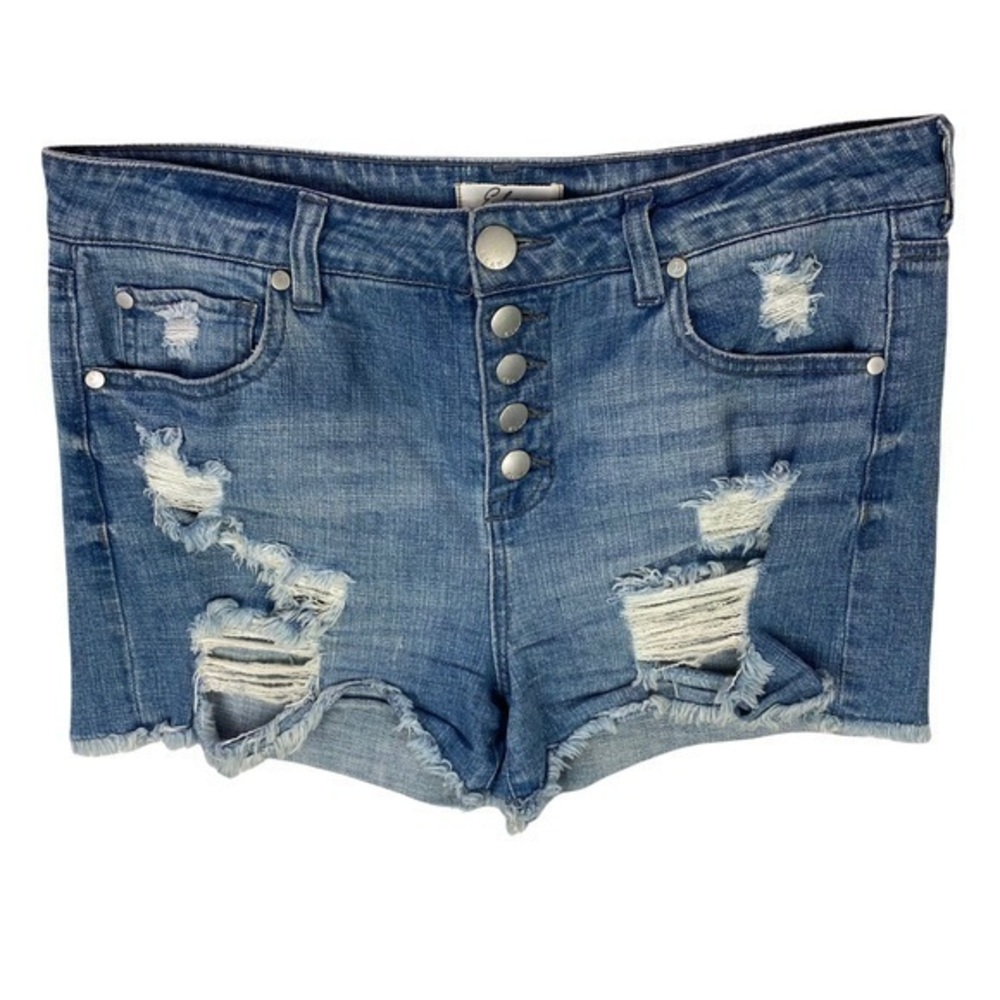 Elan Womens Shorts Size M Light Wash Denim Distress High Rise Button Fly Stretch